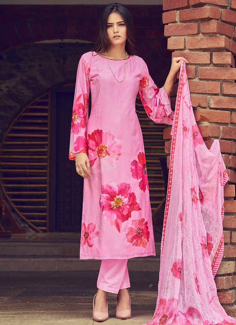 Pink Muslin Floral Digital Print Straight Pant Suit After Six Wear