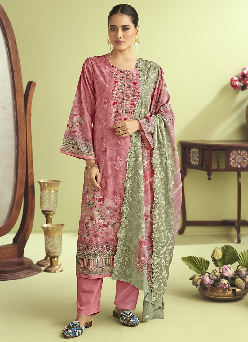Pink Muslin Thread Embroidered Sequins And Digital Print Pakistani Suit Festive Wear
