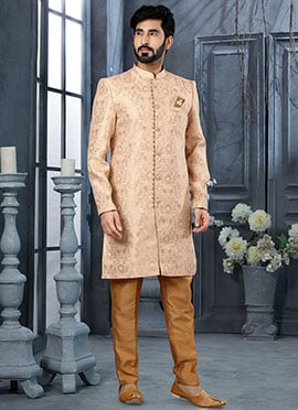 Pink N Cream Jacquard Silk Zari Work Classic Sherwani