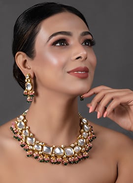 Pink N Green Necklace Set With Earrings