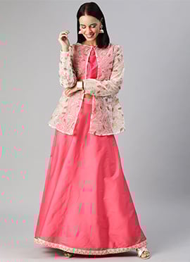Pink N Green Organza Jacket N Skirt Set