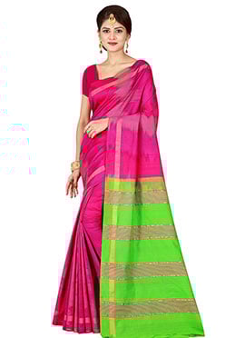 Pink N Green Zari Woven Saree