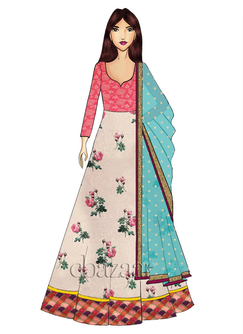 Pink N Off White Abaya Style Anarkali Suit