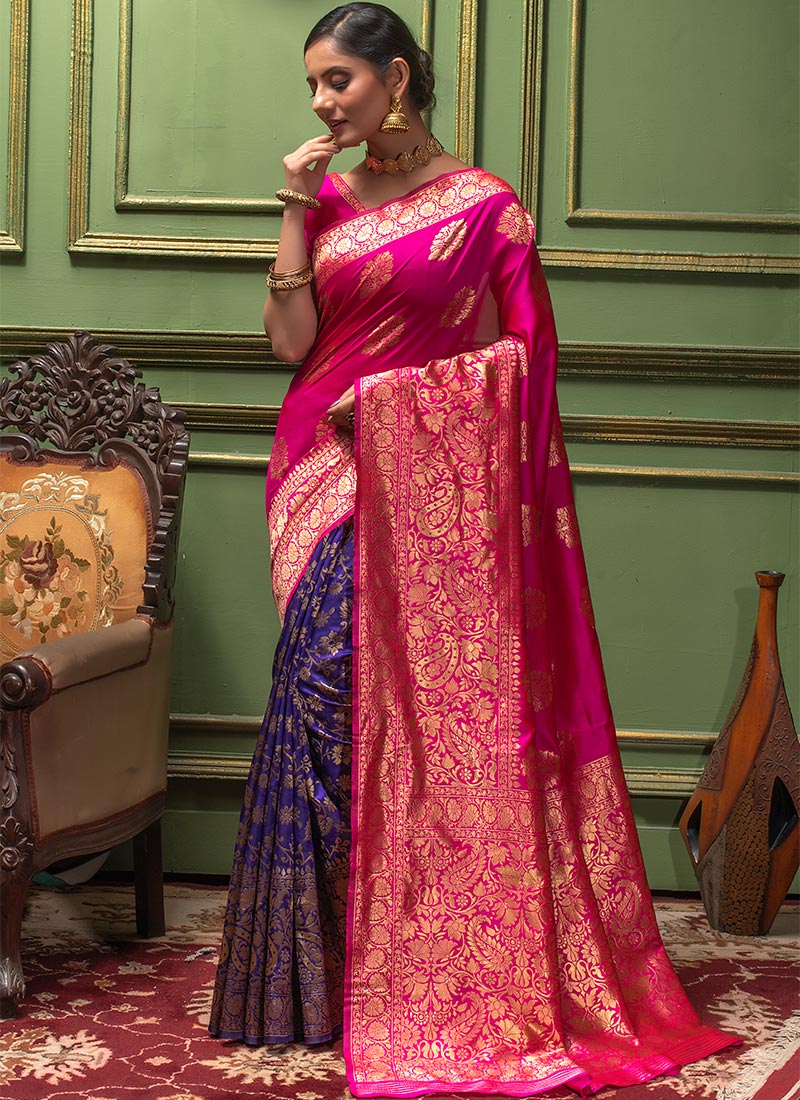 Buy Pink N Violet Banarasi Silk Jacquard Half N Half Saree Festive Wear Benarasi Jacquard Half N Half Saree Online Shopping Sasli