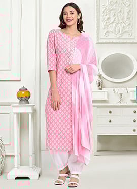 Pink N White Cotton Printed Semi Palazzo Suit