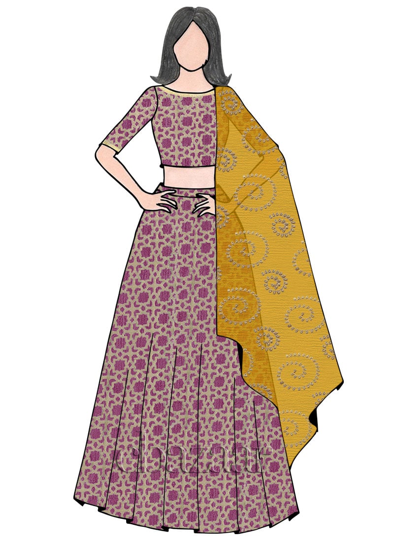 Pink N Yellow Boat Neck Umbrella Lehenga Set Wedding Wear