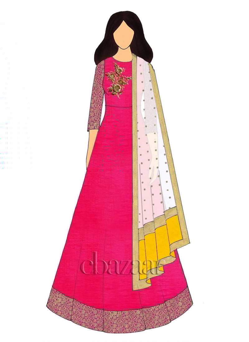 Pink N Yellow Embroidered Anarkali Suit Wedding Wear