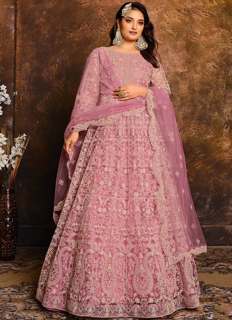 Pink Net Anarkali Suit Party Wear