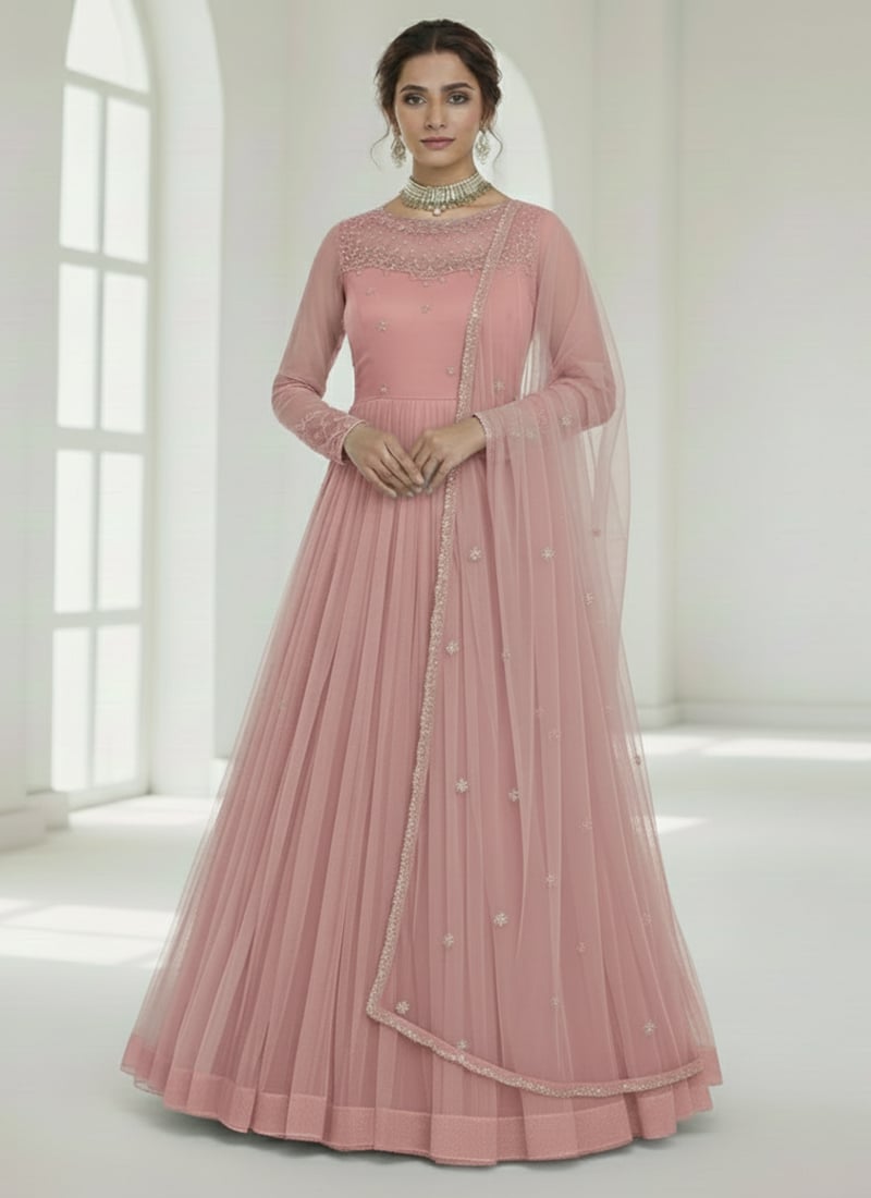 Pink Net Anarkali Suit With Hand Embroidery Festive Wear