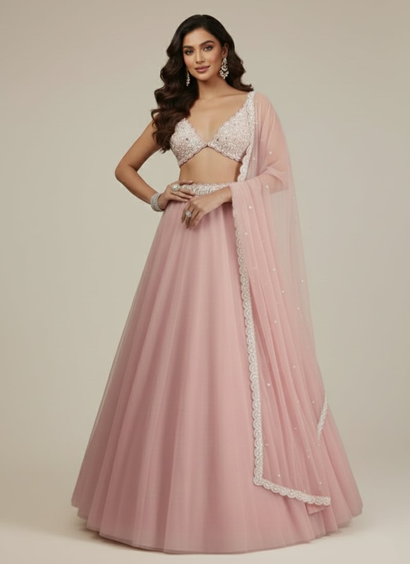 Pink Net Beads Mirror Work Hand Embroidered Umbrella Lehenga Wedding Wear