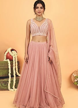 Pink Net Cutdana Beads Sequins Hand Embroidered Lehenga