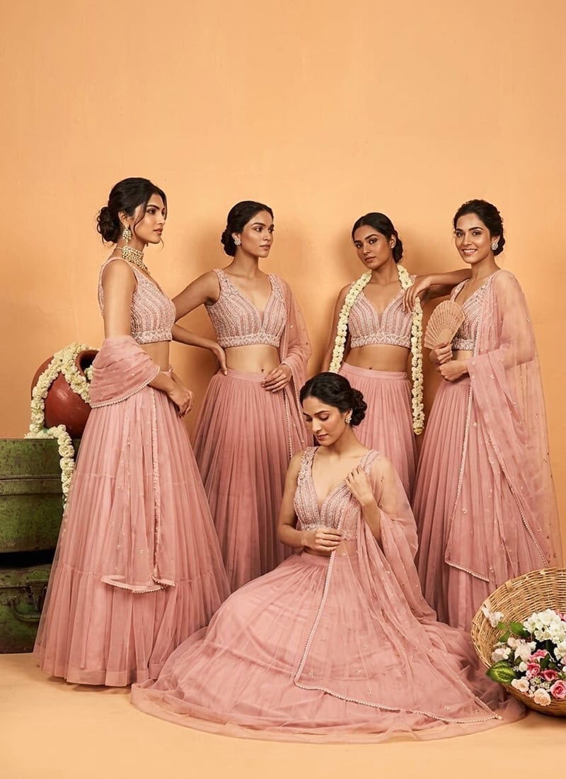 Pink Net Cutdana Beads Sequins Hand Embroidered Lehenga Wedding Wear