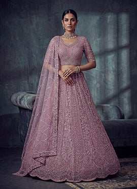 Lavender Net Cutdana Embroidered Sequins Stones Lehenga