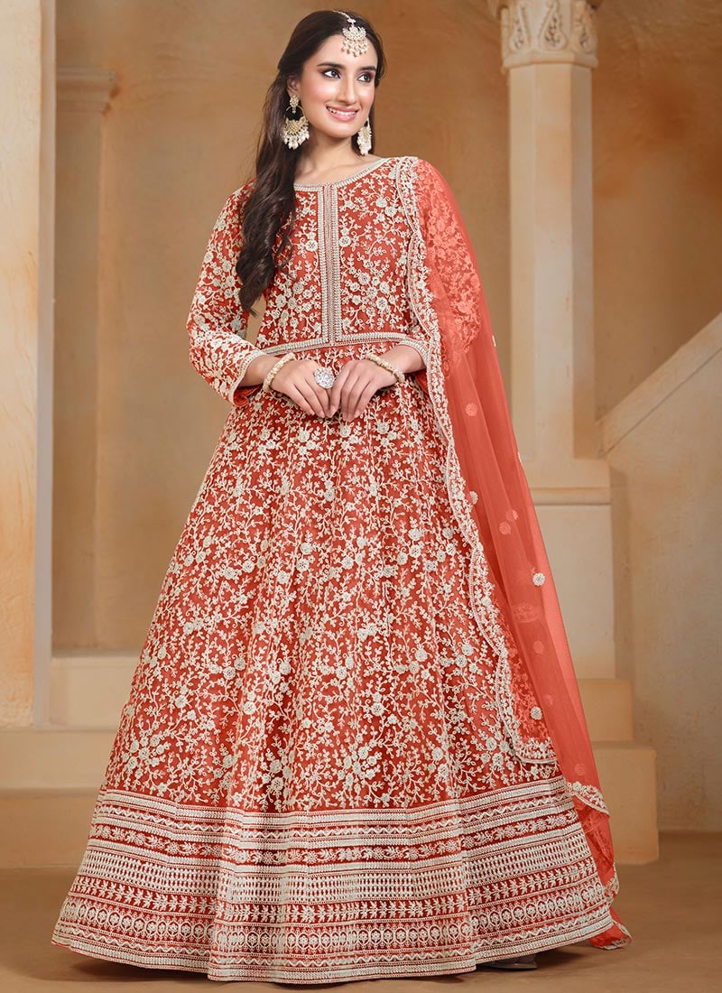 Orange Net Embroidered A Line Anarkali Suit Festive Wear