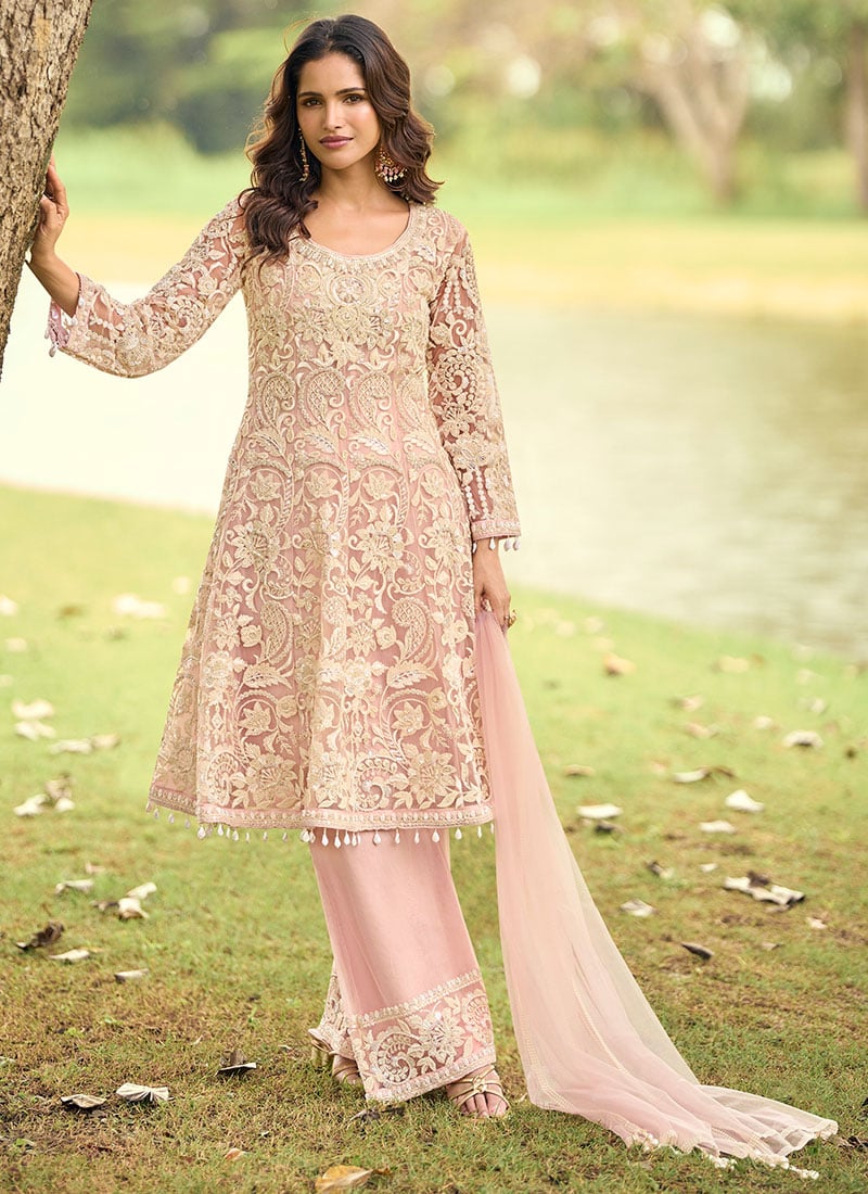 Pink Net Embroidered Cutdana Stones Straight Pant Suit Wedding Wear
