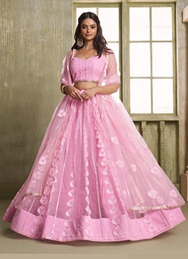 Pink Net Embroidered Dazzling Lehenga