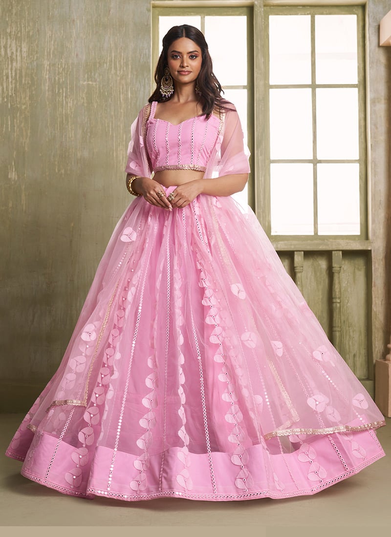 Pink Net Embroidered Dazzling Lehenga