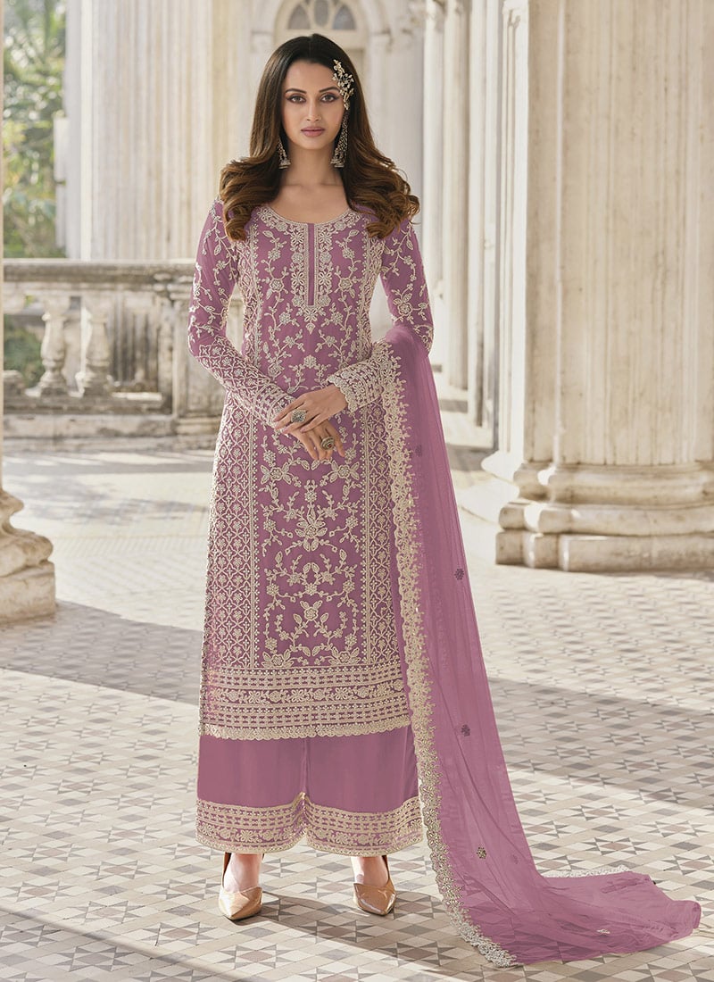Pink Net Embroidered Palazzo Suit Festive Wear