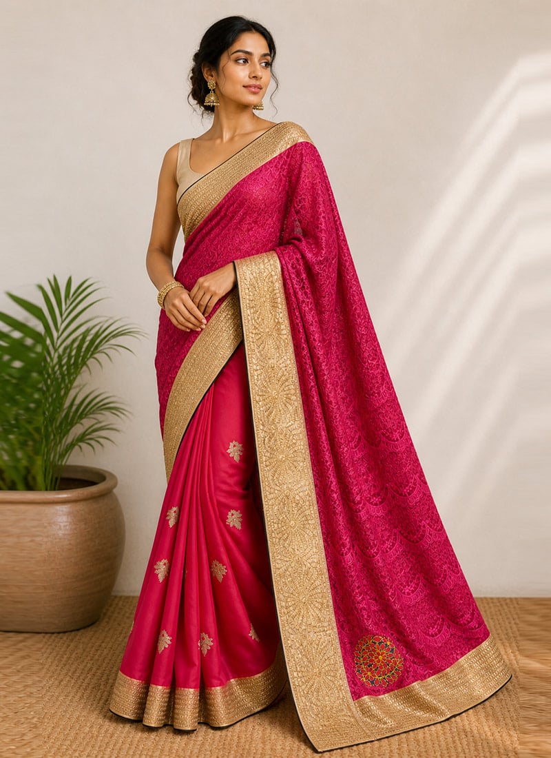 Pink Net Embroidered Saree After Six Wear