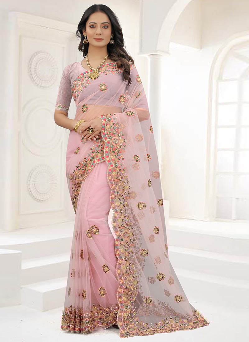 Pink Net Embroidered Saree Party Wear