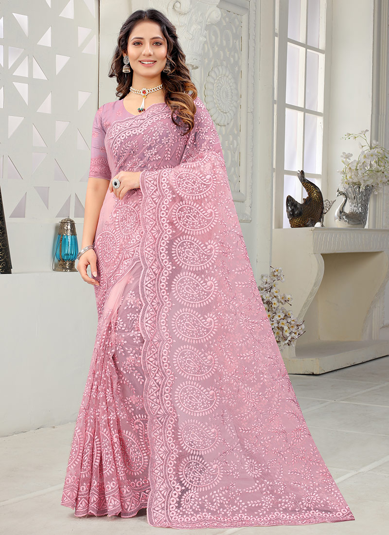 Pink Net Embroidered Saree