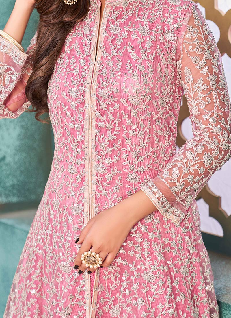 Babyhug Net Sleeveless Embroidered Ethnic Dress with Sequins - Fuschia main image 0