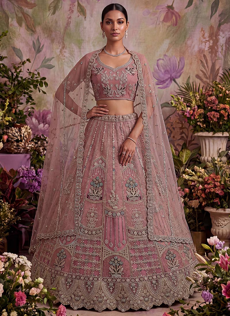 Pink Net Embroidered Sequins Lehenga Wedding Wear