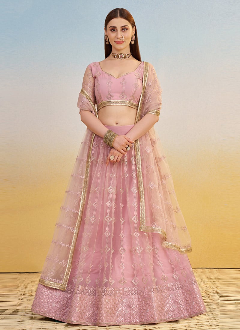Pink Net Embroidered Sequins Lehenga Wedding Wear