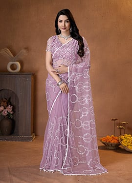Pink Net Embroidered Sequins Saree