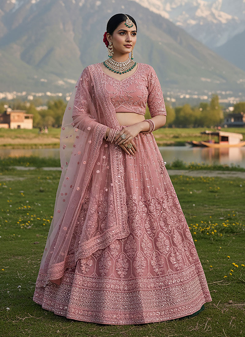 Pink Net Embroidered Sequins Stone Work Lehenga Wedding Wear