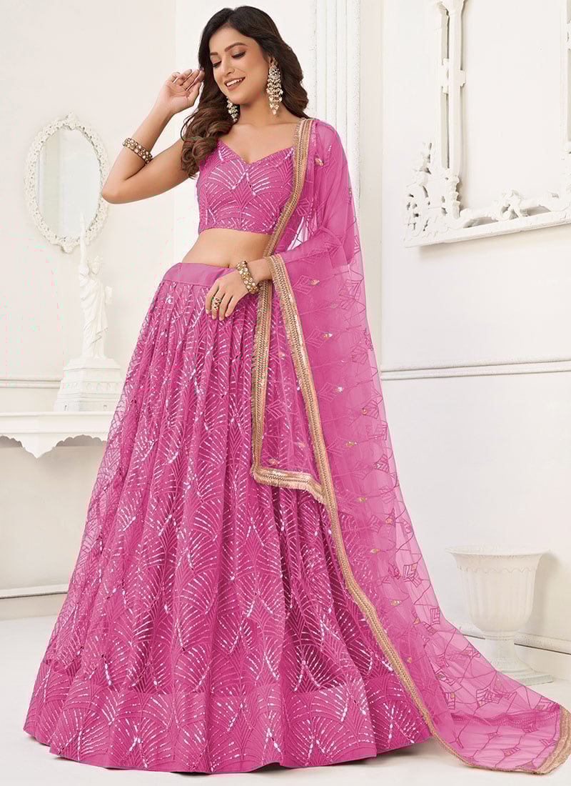 Pink Net Embroidered Sequins Stunning Lehenga Wedding Wear