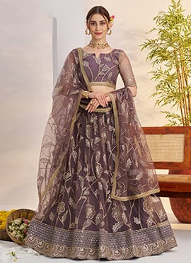 Pink Net Embroidered Sequins Umbrella Lehenga