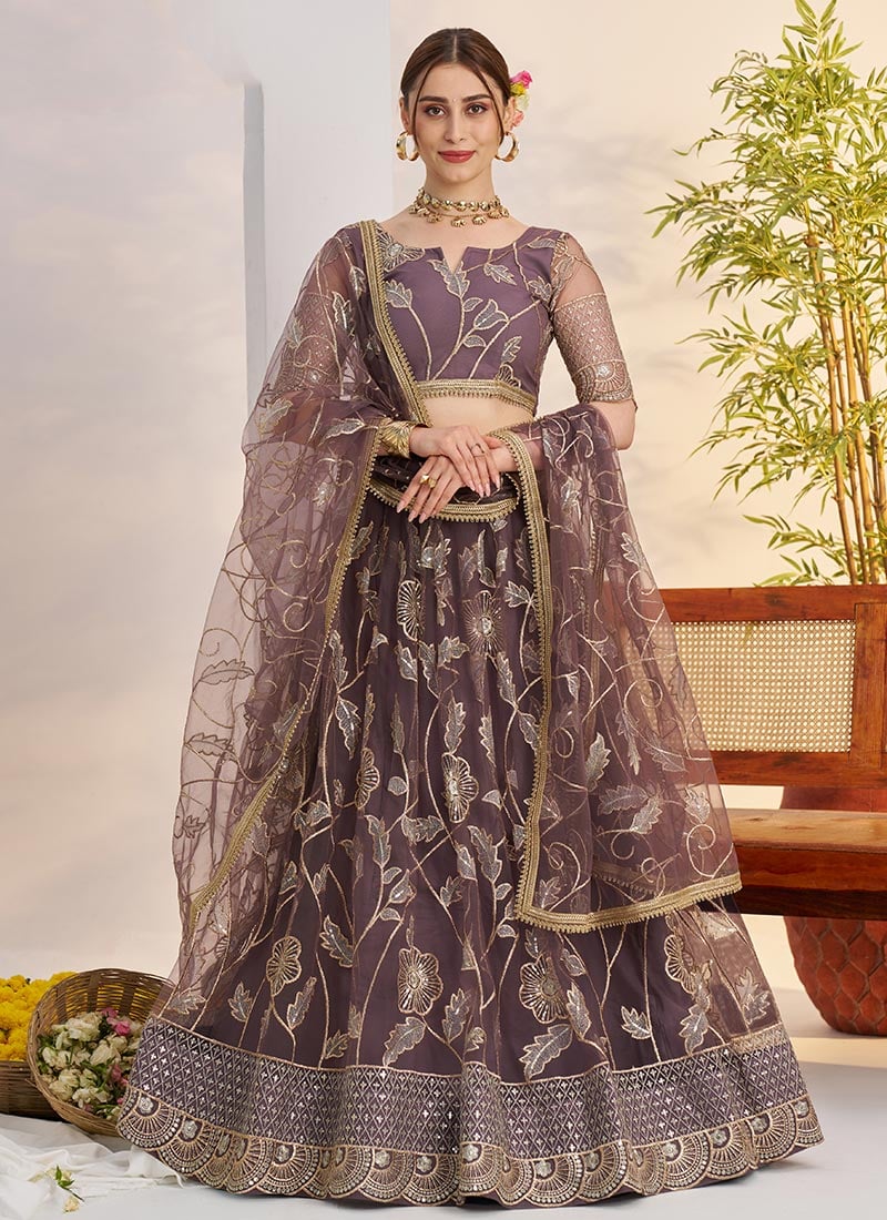 Pink Net Embroidered Sequins Umbrella Lehenga Wedding Wear