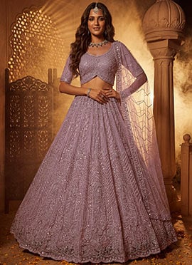 Pink Net Embroidered Sequins With Beads Work Lehenga