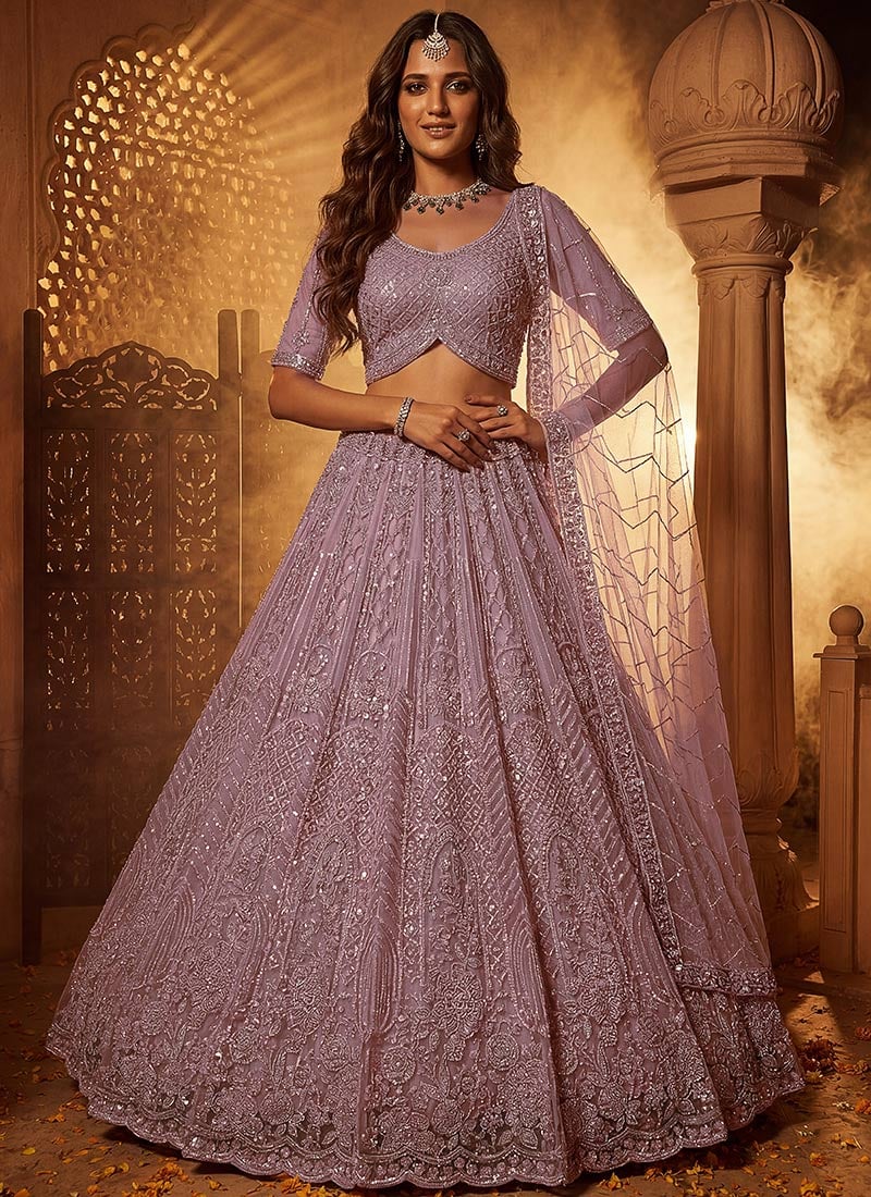 Pink Net Embroidered Sequins With Beads Work Lehenga Wedding Wear