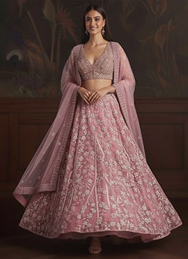 Pink Net Embroidered Sequins With Stone Work Lehenga