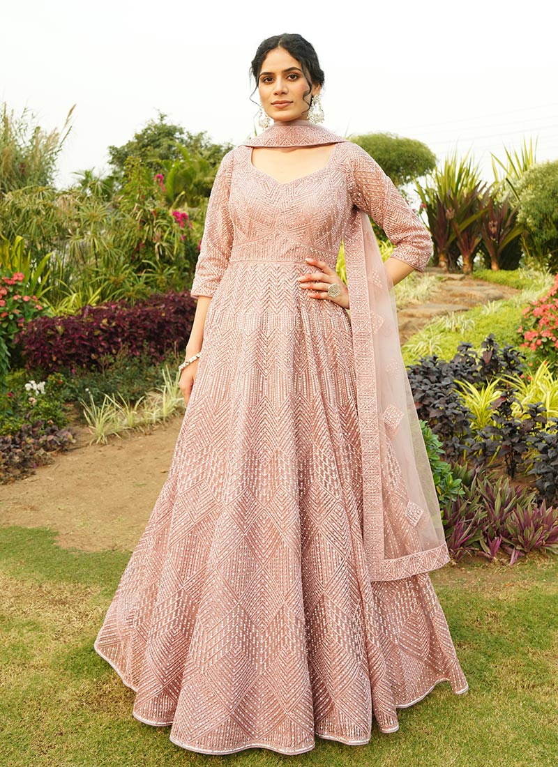 Pink Net Embroidered Stone Work Elegant Anarkali Suit Wedding Wear