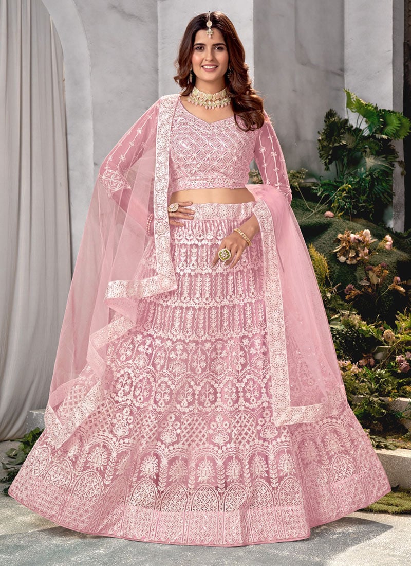 Pink Net Embroidered Umbrella Lehenga Party Wear