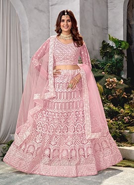 Pink Net Embroidered Umbrella Lehenga