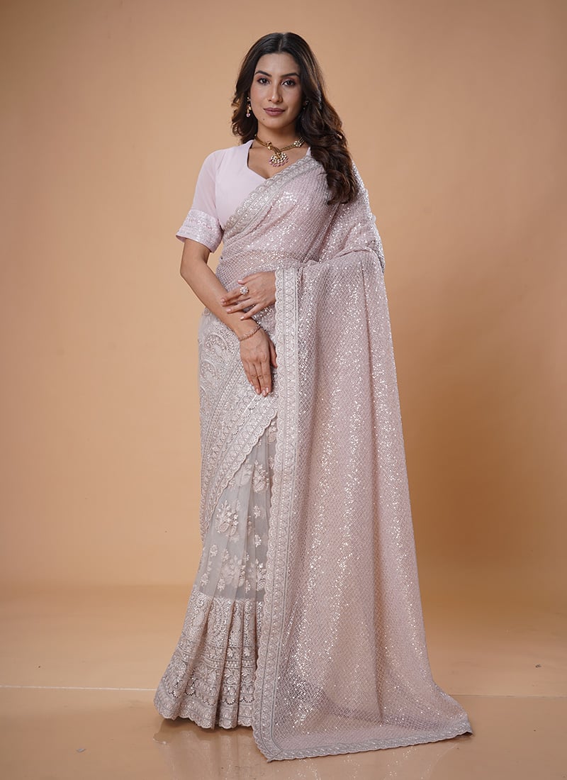 Pink Net Embroidered With Cod And Stone Work Saree Wedding Wear