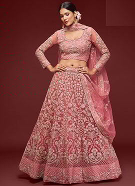 Pink Net Embroidered Work Umbrella Lehenga Choli