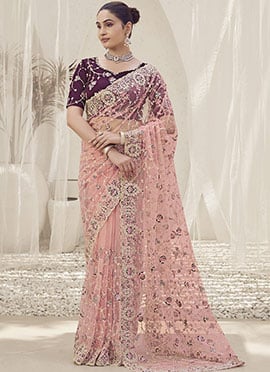 Pink Net Embroidered Zari Saree