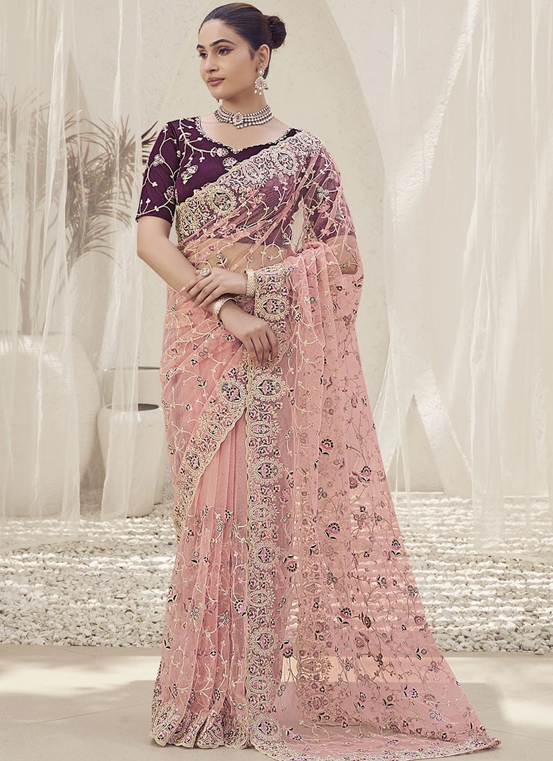 Pink Net Embroidered Zari Saree Wedding Wear
