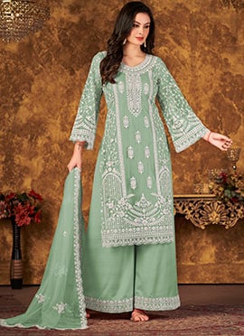 Sea Green Net Embroidery Palazzo Suit