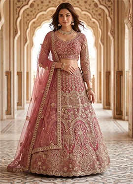 Pink Net Embroidery Sequins Lehenga