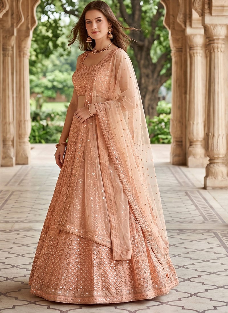 Pink Net Embroidery Sequins Lehenga Wedding Wear