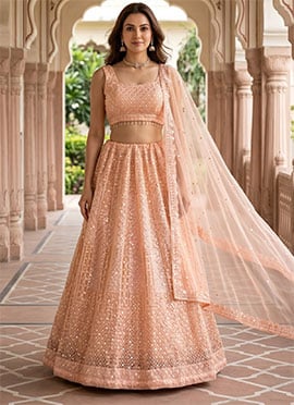 Pink Net Embroidery Sequins Lehenga