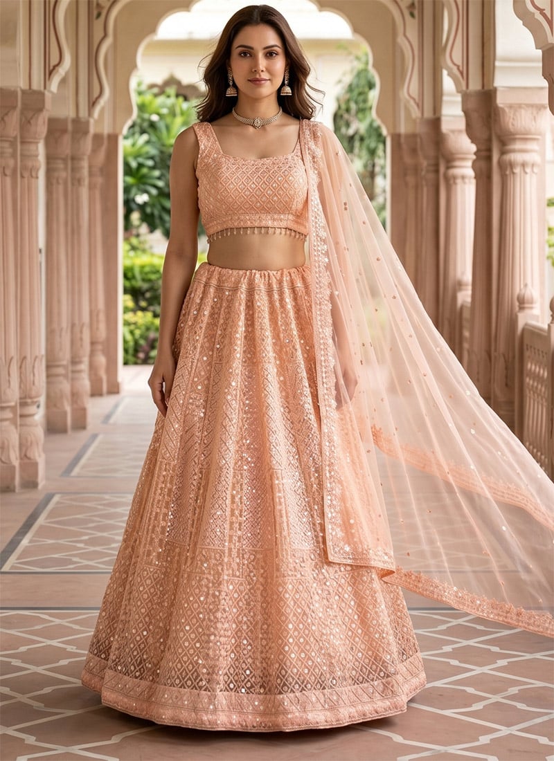 Pink Net Embroidery Sequins Lehenga Wedding Wear