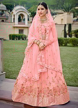 Pink Net Embroidery Umbrella Lehenga Choli