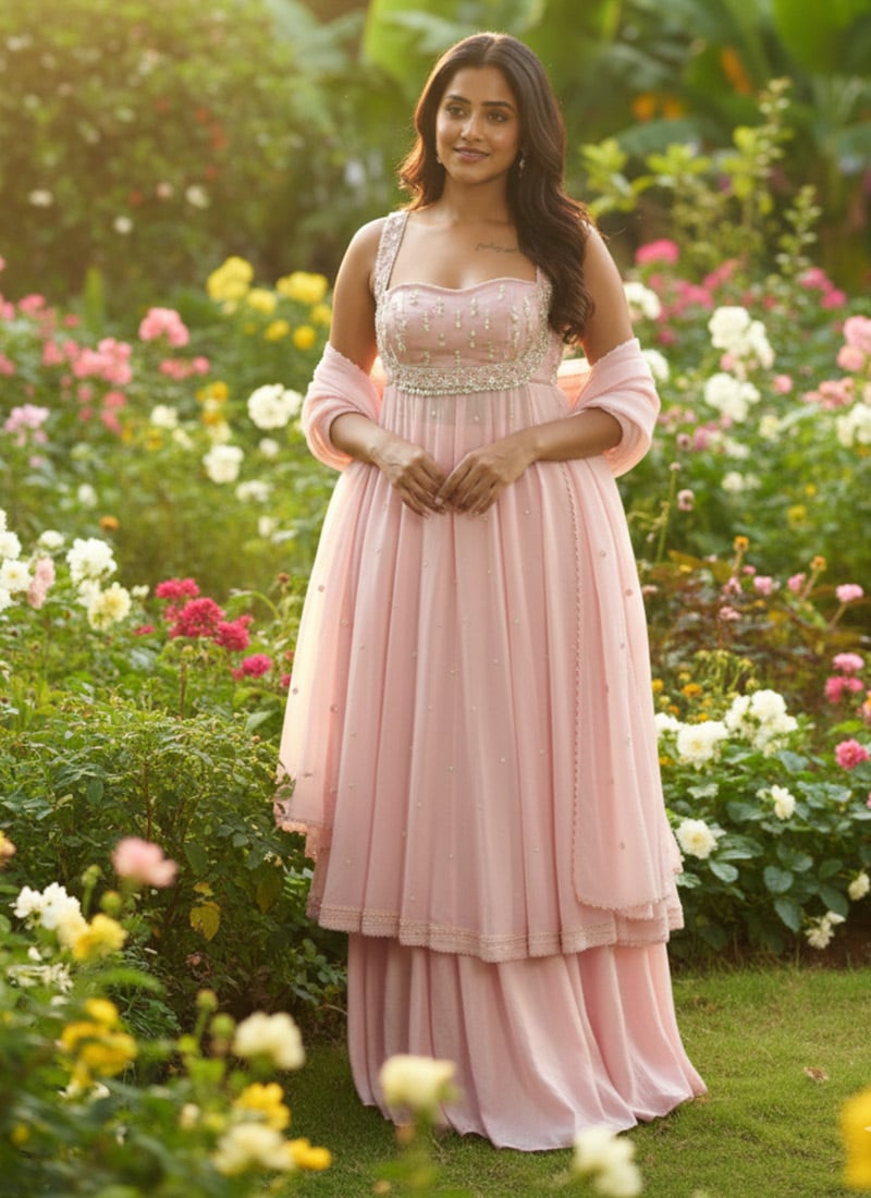 Pink Net Hand Embroidered Sequins Palazzo Suit  Festive Wear